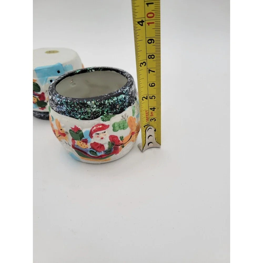 2 Vtg Giftco Ceramic Tea Light Candle Holders Santa Sleigh Reindeer Glitter 3.5